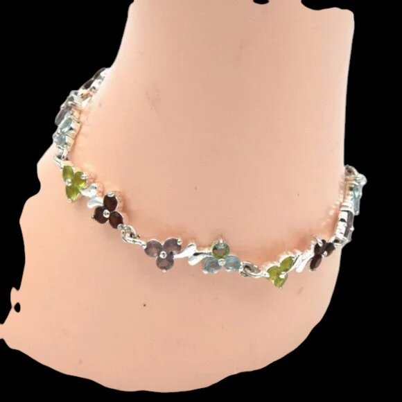 Sterling Silver Floral Bracelet Amethyst, Garnet, Topaz, & Peridot Color Stones - Picture 6 of 6